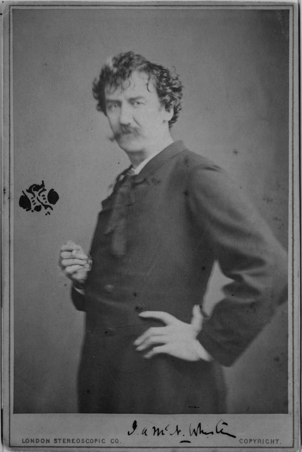 A photograph of artist James Abbott McNeill Whistler in 1878, with his monogram signature of a stylized butterfly. Library of Congress. (Public Domain)