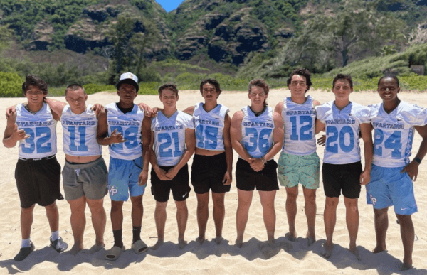 Villa Park High School football team's tailback and outside linebacker Carter Christie (12) poses for a group photo with fellow running backs during a season-opening trip in Oahu, Hawaii, on Aug. 11, 2023. (Courtesy of Dusan Ancich via Instagram/Screenshot via The Epoch Times)
