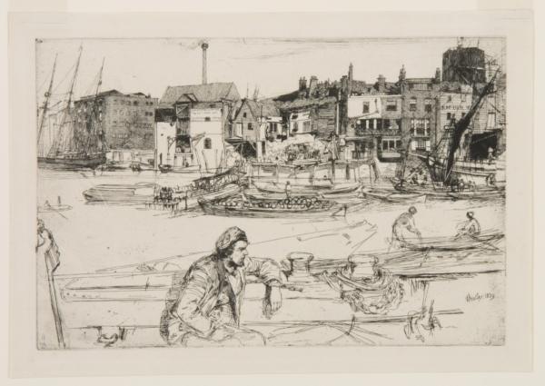 "Black Lion Wharf," 1859, by James Abbott McNeill Whistler. Plate 1 from "Sixteen Etchings of Scenes on the Thames and Other Subjects (called The Thames Set)"; published in 1871 by Ellis and Green, London. Etching; 6 inches by 9 inches. Philadelphia Museum of Art. (Public Domain)