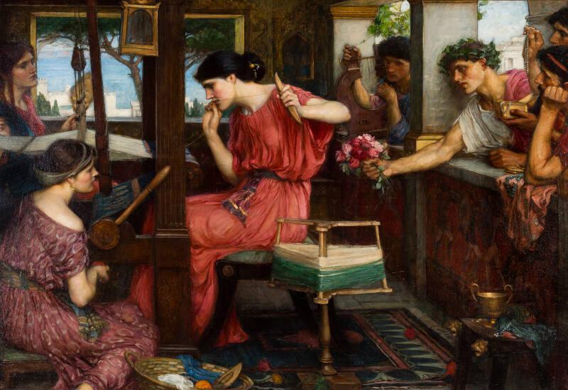 "Penelope and the Suitors," 1911–12, by John William Waterhouse. Oil on canvas; 51.1 inches by 74 inches. Aberdeen Art Gallery, Scotland. (Public Domain)
