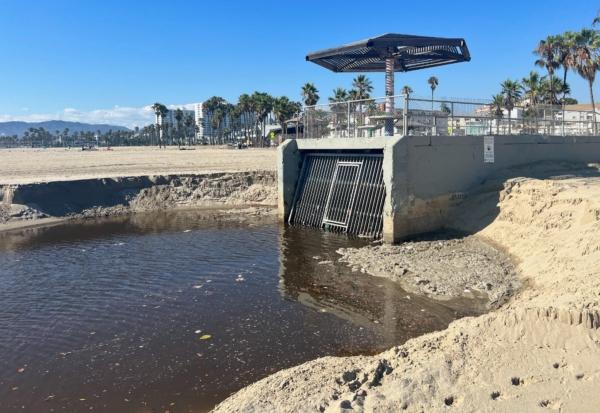 Sewage water ponding near a storm drain, a day after Tropical Storm Hilary made landfall in Southern California, at Venice Beach in Santa Monica, Calif., on Aug. 21, 2023. (Courtesy of Soledad Ursúa)