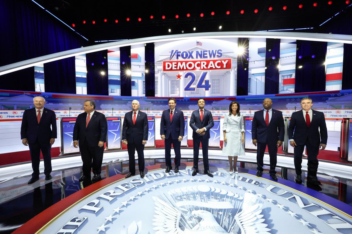 Republican presidential candidates (L-R), former Arkansas Gov. Asa Hutchinson, former New Jersey Gov. Chris Christie, former U.S. Vice President Mike Pence, Florida Gov. Ron DeSantis, Vivek Ramaswamy, former U.N. Ambassador Nikki Haley, U.S. Sen. Tim Scott (R-S.C.) and North Dakota governor Doug Burgum, are introduced during the first debate of the GOP primary season in Milwaukee, Wis., on Aug. 23, 2023. (Scott Olson/Getty Images)
