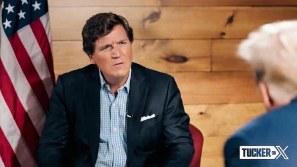 Tucker Carlson speaks with former president Donald Trump in a pre-recorded interview aired on debate night on Aug. 23, 2023. (Tucker Carlson/X)