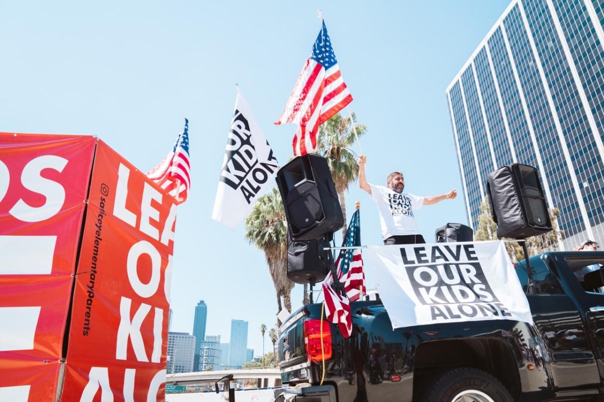 About 200 parental rights demonstrators marched through downtown Los Angeles to protest secret gender transitions in California public schools on Aug. 22, 2023. (Courtesy of Hasmik Bezirdshyan)