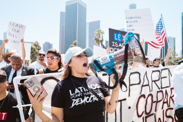 About 200 parental rights demonstrators marched through downtown Los Angeles to protest secret gender transitions in California public schools, on Aug. 22, 2023. (Courtesy of Hasmik Bezirdshyan)