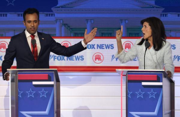 Republican presidential candidates Vivek Ramaswamy and former U.N. Ambassador Nikki Haley participate in the first debate of the GOP primary season hosted by FOX News at the Fiserv Forum in Milwaukee, Wis., on Aug. 23, 2023. (Win McNamee /Getty Images)