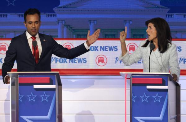 Republican presidential candidates, Vivek Ramaswamy (L) and former U.N. Ambassador Nikki Haley participate in the first debate of the GOP primary season hosted by FOX News in Milwaukee, Wis., on Aug. 23, 2023. (Win McNamee /Getty Images)