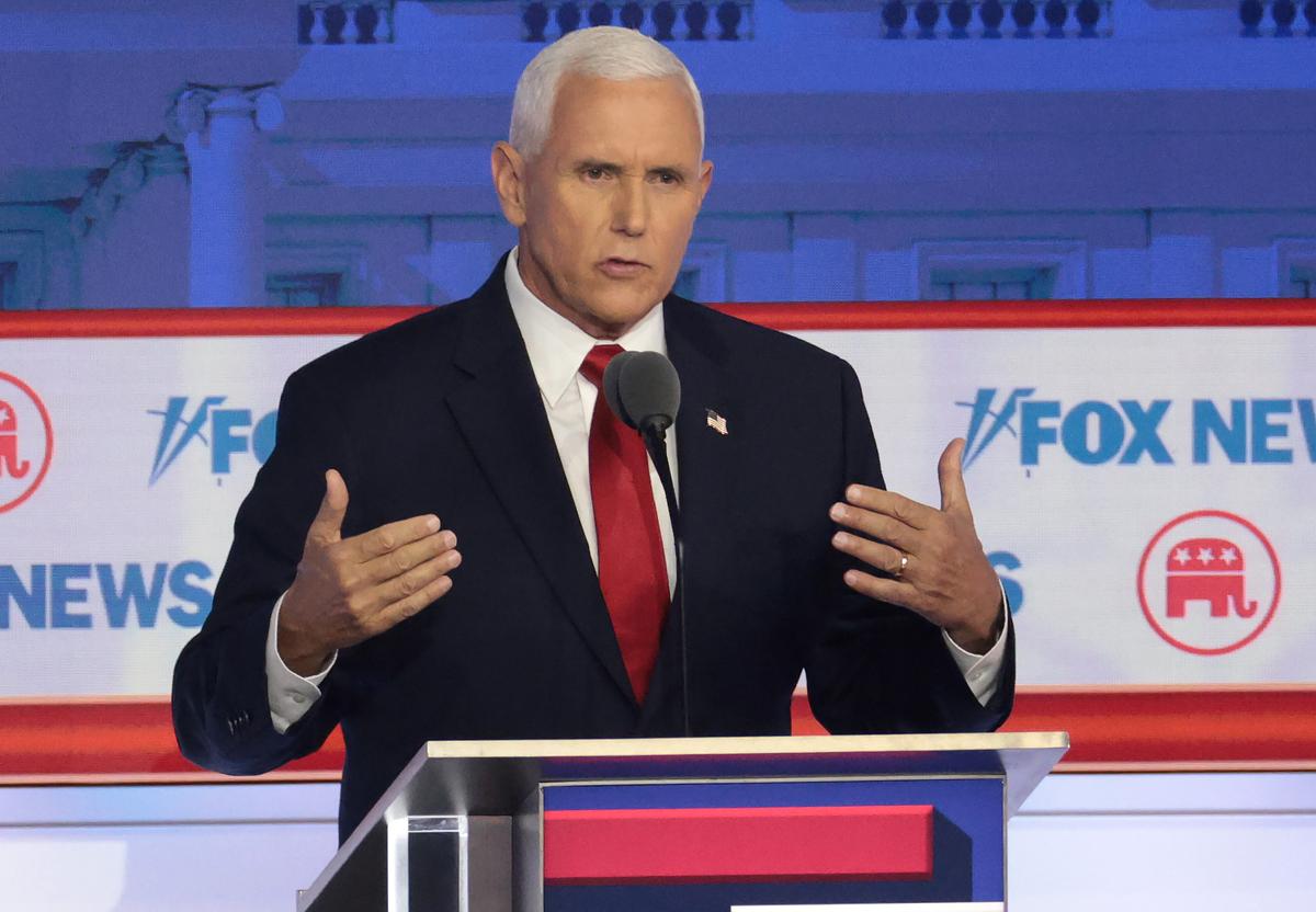  Republican presidential candidate, former U.S. Vice President Mike Pence participates in the first debate of the GOP primary season hosted by FOX News at the Fiserv Forum in Milwaukee, Wis., on Aug. 23, 2023. (Win McNamee/Getty Images)