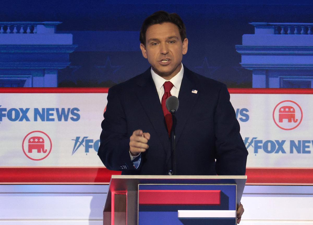  Republican presidential candidate Florida Gov. Ron DeSantis during the first debate of the GOP primary season hosted by FOX News at the Fiserv Forum in Milwaukee, Wis., on Aug. 23, 2023. (Win McNamee/Getty Images)