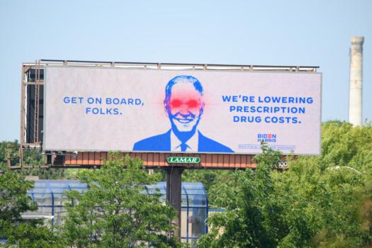The Biden–Harris 2024 campaign and the Democratic National Committee launch billboards highlighting President Biden's accomplishments in Milwaukee on Aug. 23, 2023. (Daniel Boczarski/Getty Images for DNC)