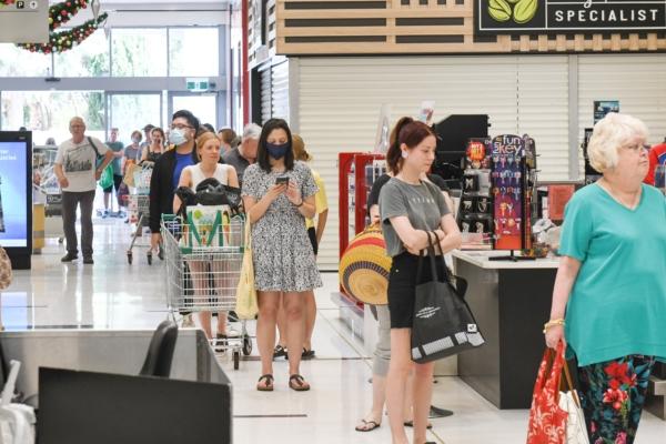 People queue at a supermarket in Adelaide, Australia, on Nov. 18, 2020.(Brenton Edwards/AFP via Getty Images)