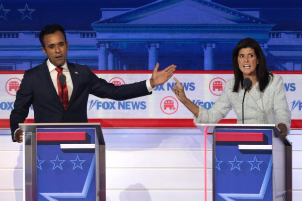 Vivek Ramaswamy (L) and former U.N. Ambassador Nikki Haley participate in the first debate of the GOP primary season hosted by FOX News at the Fiserv Forum in Milwaukee, Wis., on Aug. 23, 2023. (Win McNamee/Getty Images)