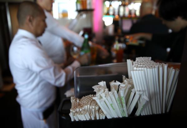 Paper straws sit on the bar at Fog Harbor Fish House in San Francisco, Calif., on June 21, 2018. (Justin Sullivan/Getty Images)