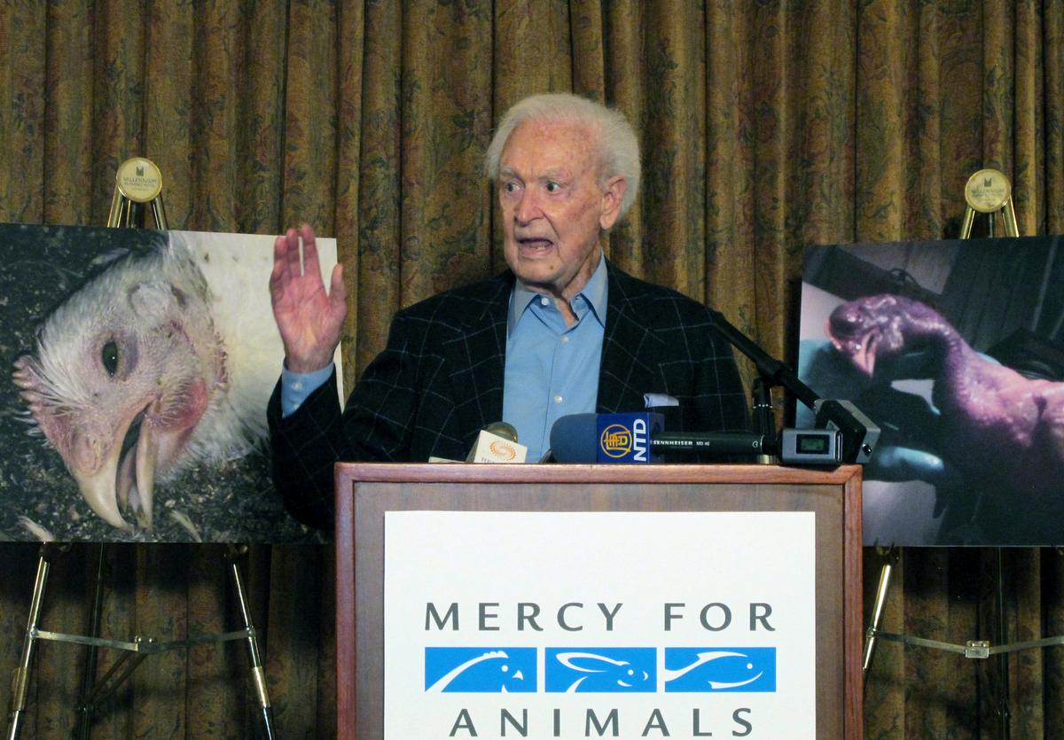  Bob Barker, former host of "The Price is Right" and a longtime animal rights advocate, speaks during a news conference in downtown Los Angeles on June 17, 2015. Barker criticized poultry producer Foster Farms after an animal rights group released a video showing chickens being slammed upside-down into shackles, punched, and having their feathers pulled out while still alive. (Amanda Lee Myers/AP Photo)