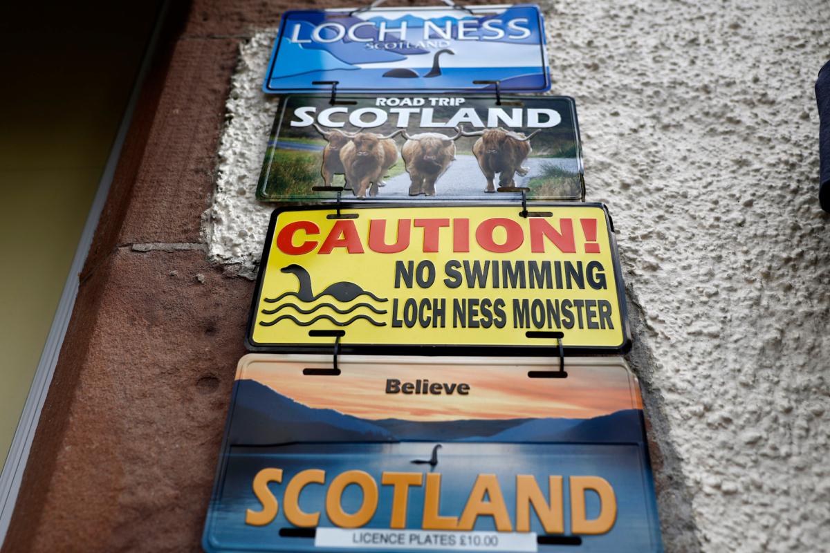 Merchandise on sale in a shop next to Loch Ness ahead of what is being described as the biggest search for the Loch Ness Monster since the early 1970s being held this weekend in Drumnadrochit, Scotland, on Aug. 25, 2023. (Jeff J Mitchell/Getty Images)