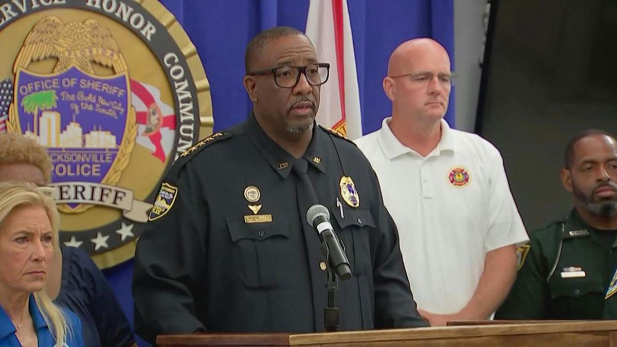 Jacksonville Sheriff T.K. Waters addresses the media about the gunman in Jacksonville, Fla., on Aug. 26, 2023. (AFP via Getty Images)