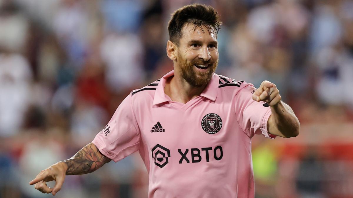 Inter Miami forward Lionel Messi celebrates after his goal against the New York Red Bulls during an MLS soccer match at Red Bull Arena in Harrison, N.J., on Aug. 26, 2023. (Eduardo Munoz Alvarez/AP Photo)
