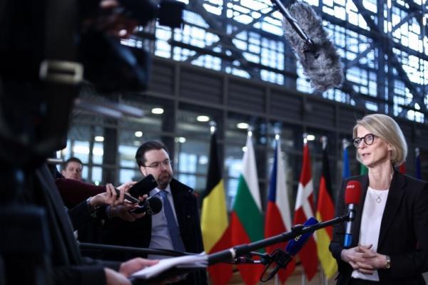 Sweden's Finance Minister Elisabeth Svantesson speaks to the press as she arrives for an Economic and Financial Affairs Council (Ecofin) meeting at the EU headquarters in Brussels on Jan. 17, 2023. (Kenzo Tribouillard/AFP via Getty Images)