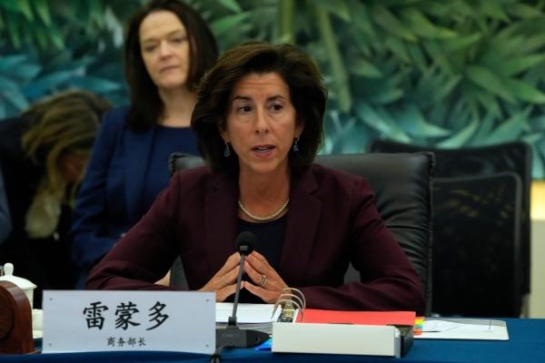 U.S. Commerce Secretary Gina Raimondo (R) speaks during a meeting with China's Minister of Commerce Wang Wentao (not pictured) at the Ministry of Commerce in Beijing on Aug. 28, 2023. (Andy Wong/Pool/AFP via Getty Images)