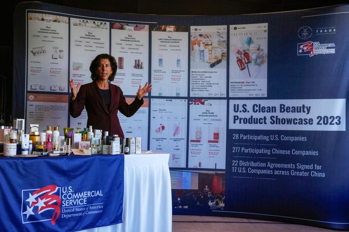 U.S. Commerce Secretary Gina Raimondo speaks during a visit to a U.S. beauty and health care products showcase for the Chinese market, at a hotel in Beijing on Aug. 28, 2023. (Andy Wong/Pool/AFP via Getty Images)