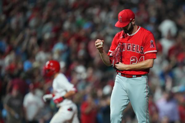 Lucas Giolito (24) of the Los Angeles Angels looks on after allowing a two-run home run to Trea Turner (7) of the Philadelphia Phillies in the bottom of the fifth inning at Citizens Bank Park in Philadelphia on August 28, 2023. (Mitchell Leff/Getty Images)