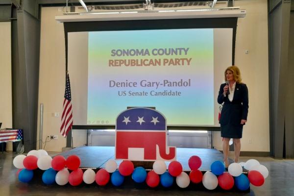 Denice Gary-Pandol, political scientist and national security expert, speaks at the Sonoma County GOP Convention in Santa Rosa, Calif., on Aug. 26, 2023. (Travis Gillmore/The Epoch Times)