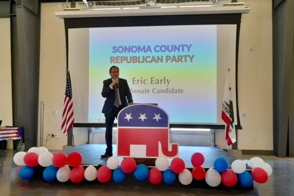 Eric Early, candidate for U.S. Senate and founding partner of a law firm located in Los Angeles, speaks at the Sonoma County GOP Convention in Santa Rosa, Calif., on Aug. 26, 2023. (Travis Gillmore/The Epoch Times)