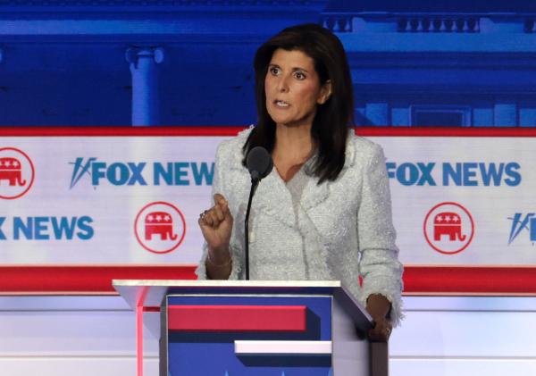Former U.N. Ambassador Nikki Haley participates in the first debate of the GOP primary season hosted by FOX News at the Fiserv Forum in Milwaukee, Wis., on Aug. 23, 2023. (Win McNamee/Getty Images)