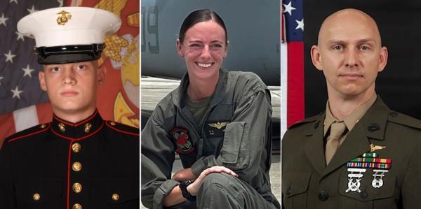 This combination of photos shows Marine V-22B Osprey pilot Capt. Eleanor V. Beau, (C), Cpl. Spencer R. Collart, (L), and Maj. Tobin J. Lewis, (R). (U.S. Marines Corps via AP)