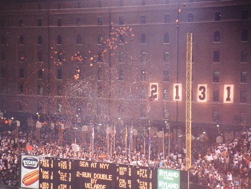The numbers on the Orioles's warehouse changed from 2130 to 2131 on Sept. 6, 1995, to celebrate Cal Ripken Jr. passing Lou Gehrig's consecutive games played streak. (Public Domain)
