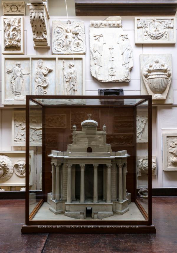 A plaster model of Sir John Soane’s 1804 design for the northwest corner of the Bank of England building sits on a desk in his Drawing Office. Experts see the Bank of England building as Soane’s greatest design, but unfortunately most of the building was demolished in the 1920s and only the façade of his design survives. (Gareth Gardener)