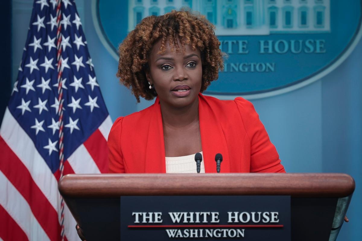  White House press secretary Karine Jean-Pierre speaks during the daily press briefing at the White House on Aug. 29, 2023. (Win McNamee/Getty Images)