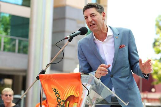 City of Perth Lord Mayor Basil Zempilas talks on stage during the Perth Scorchers Fan Day at Forrest Chase in Perth, Australia on Jan. 30, 2023. (Paul Kane/Getty Images for Cricket Australia)