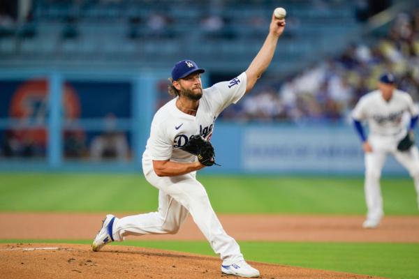 Los Angeles Dodgers starting pitcher Clayton Kershaw throws to an Arizona Diamondbacks batter during the first inning of a baseball game in Los Angeles on Aug. 29, 2023. (Ryan Sun/AP Photo)