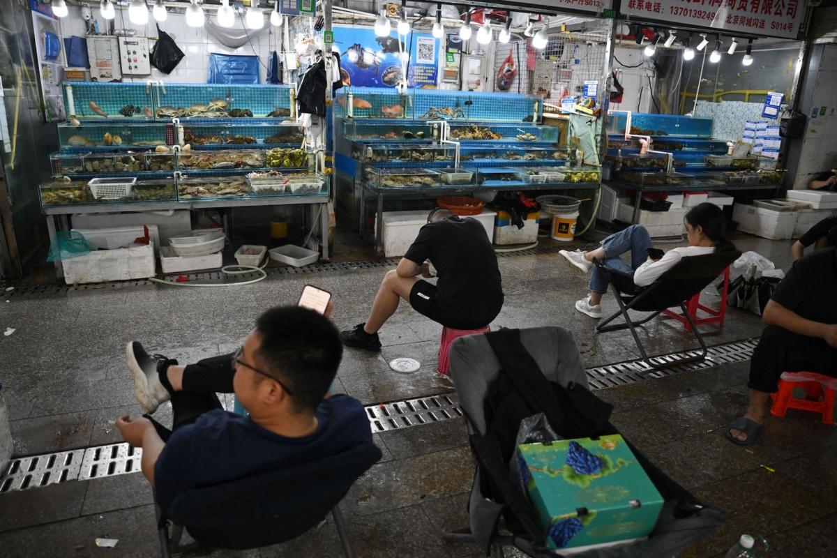 Vendors wait for customers at a wholesale fish market in Beijing on Aug. 24, 2023. China on Aug. 24 banned all Japanese seafood imports over what it said was the "selfish" release of wastewater from the crippled Fukushima nuclear plant. (Greg Baker/AFP via Getty Images)