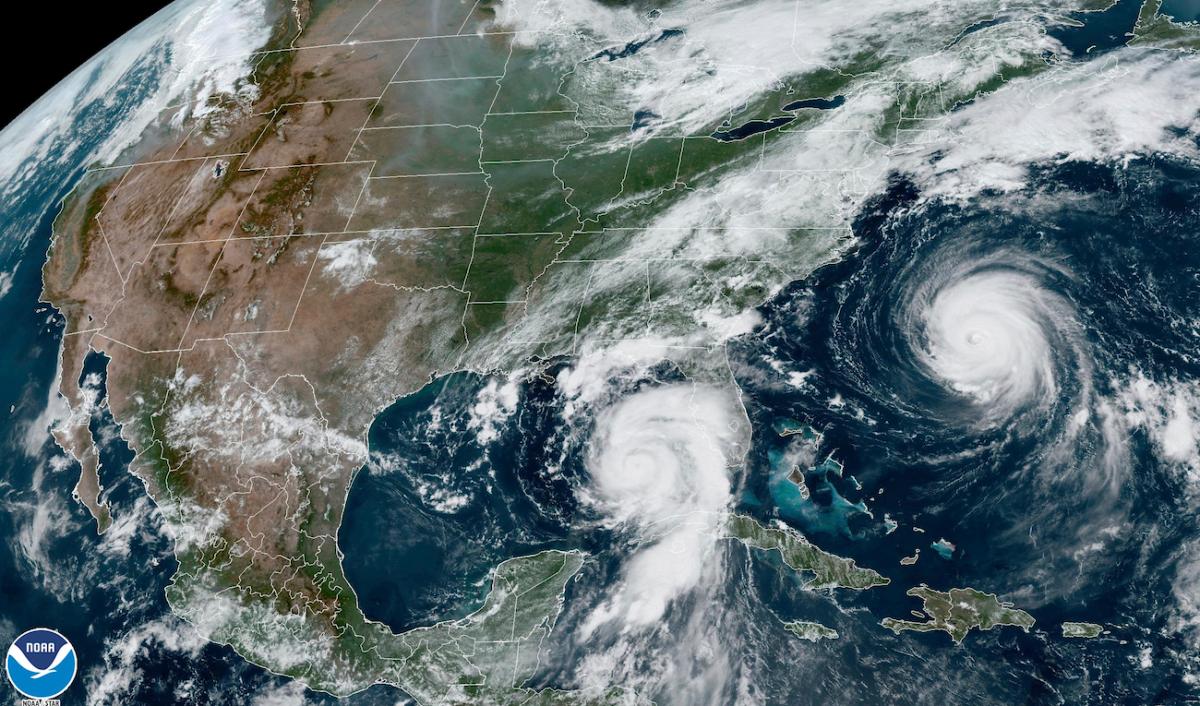 A satellite image shows Hurricane Idalia (C) approaching Florida's Gulf Coast, and Hurricane Franklin (R) as it moves along the East coast of the United States, southwest of Bermuda, at 1:31 p.m. on Aug. 29, 2023. (NOAA via AP)