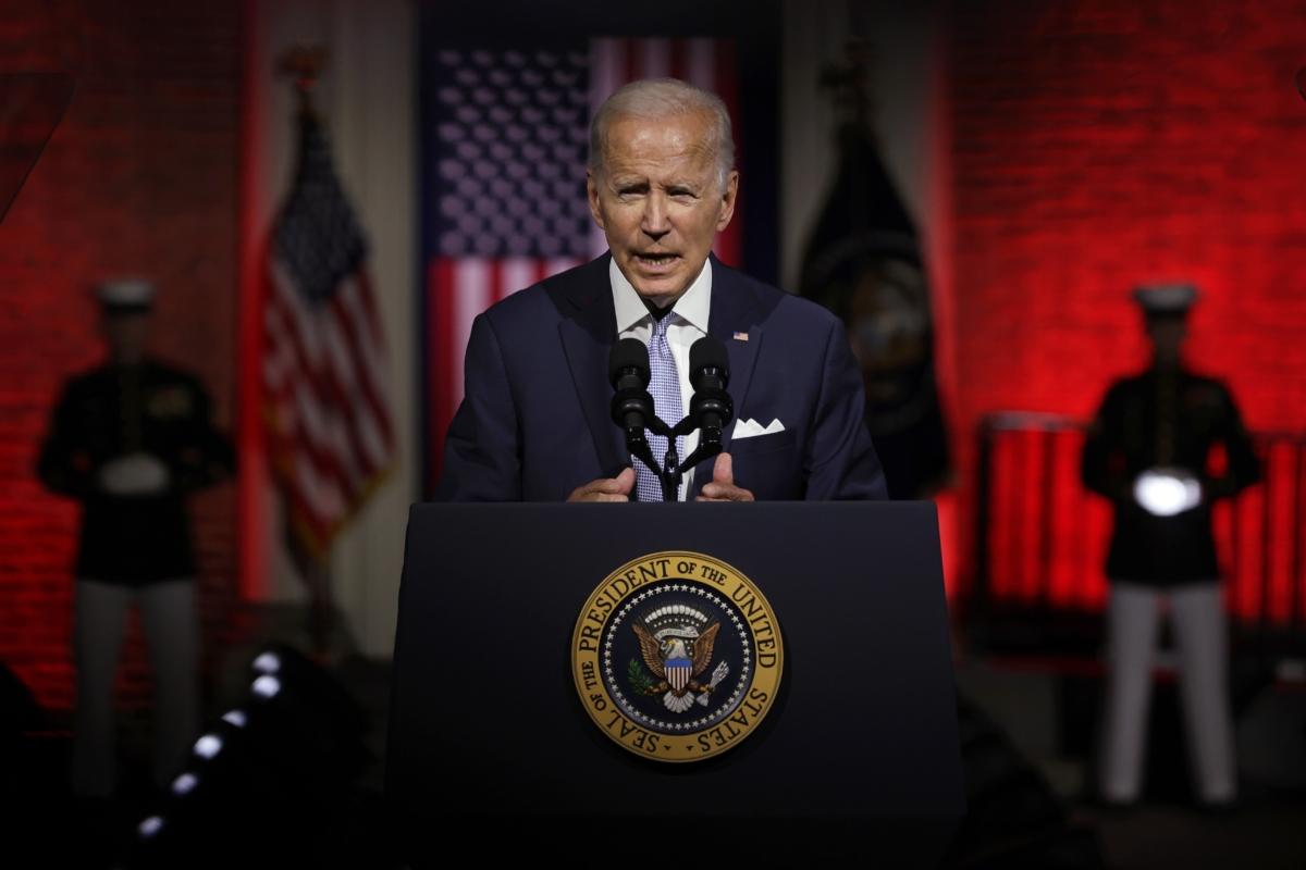 U.S. President Joe Biden delivers a primetime speech at Independence National Historical Park in Philadelphia on Sept. 1, 2022. (Alex Wong/Getty Images)