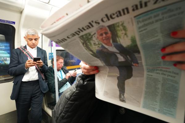 Mayor of London Sadiq Khan travels to City Hall by tube on August 29, 2023. (Stefan Rousseau/PA Wire)