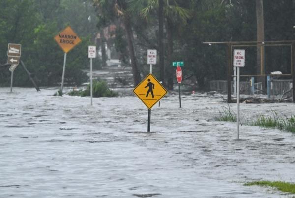 A flooded street is seen near the Steinhatchee marina, Fla., on Aug. 30, 2023, after Hurricane Idalia made landfall. (Chandan Khanna/AFP via Getty Images)