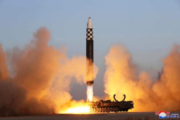 What the North Korean government says is an intercontinental ballistic missile in a launching drill at the Sunan International Airport in Pyongyang, North Korea, on March 16, 2023. (Korean Central News Agency/Korea News Service via AP)