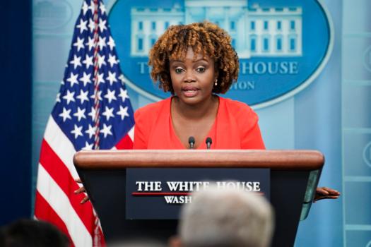 White House press secretary Karine Jean-Pierre speaks during a daily press conference in Washington on Aug. 30, 2023. (Madalina Vasiliu/The Epoch Times)