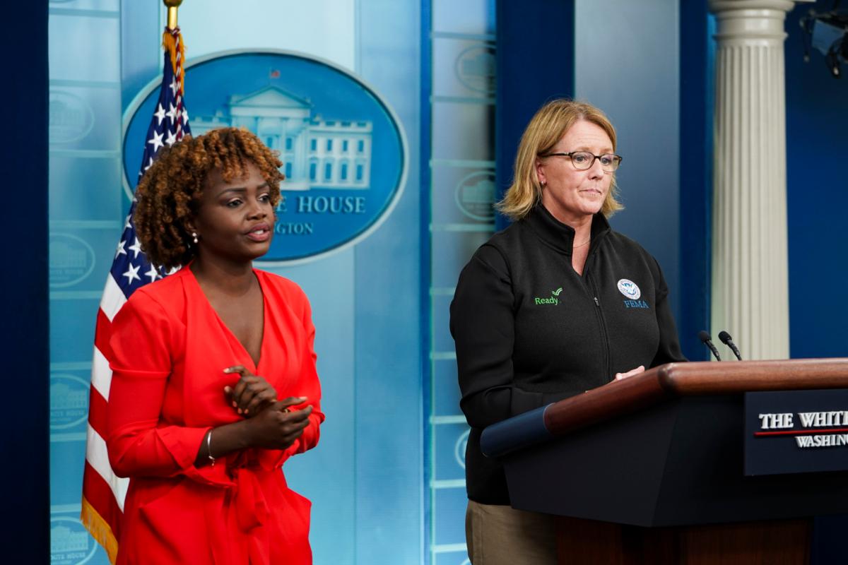 White House Press Secretary Karine Jean-Pierre (L) and Deanne Criswell (R), the administrator of the  Federal Emergency Management Agency (FEMA), speak during a news conference at the White House in Washington on Aug. 30, 2023. (Madalina Vasiliu/The Epoch Times)