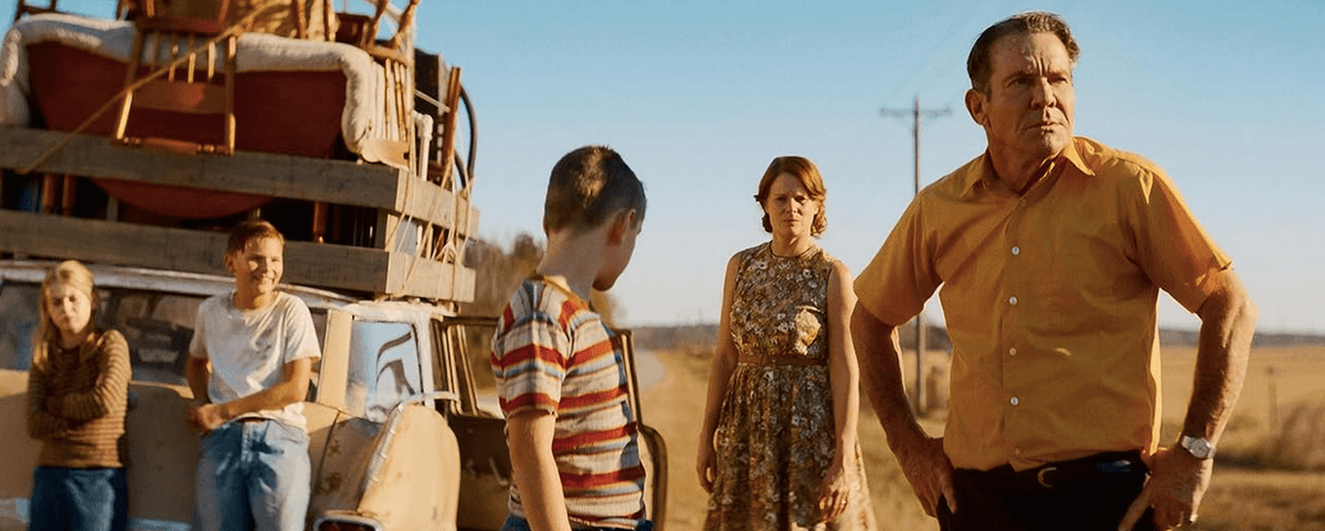 (L–R) Connie Hill (Hailey Bithell), Robert Hill (Mason Gillett), Rickey Hill (Jesse Berry), Helen Hill (Joelle Carter), and James Hill (Dennis Quaid) stranded in the middle of nowhere on route to their new home, in “The Hill.” (Briarcliff Entertainment)