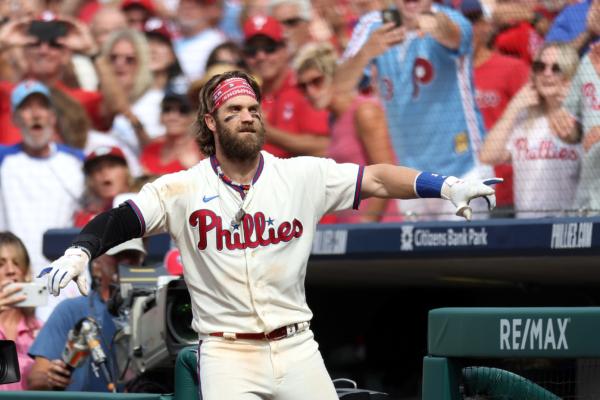 Bryce Harper (3) of the Philadelphia Phillies reacts after hitting a two run home run during the eighth inning against the Los Angeles Angels at Citizens Bank Park in Philadelphia on August 30, 2023. (Tim Nwachukwu/Getty Images)