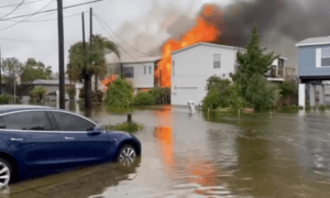 Florida Home in Flooded Street Engulfed in Flames