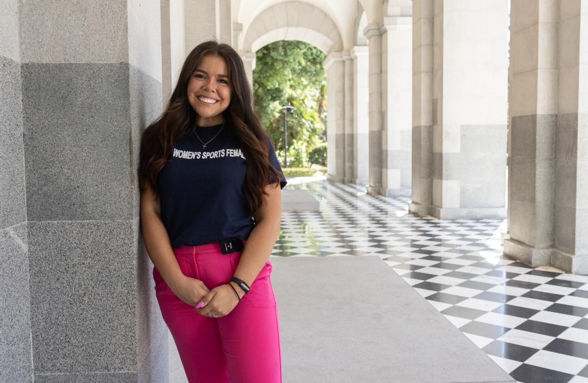 Sophia Lorey, a former college soccer player for Vanguard University in Costa Mesa, Calif., at the California state Capitol building in Sacramento on Aug. 28, 2023. (John Fredricks/The Epoch Times)