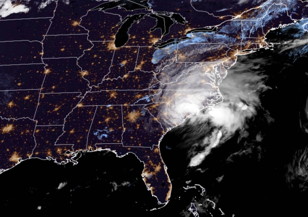 NOAA Satellite imagery of Storm Idalia moving northeast across the U.S. in the late hours of Aug. 30, 2023. (Screenshot via The Epoch Times/CIRA/RAMMB)