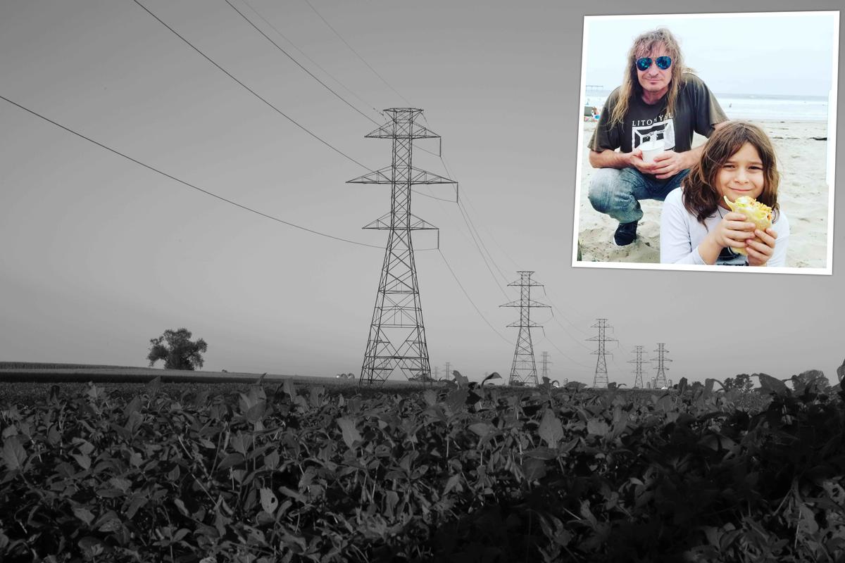 High-voltage power lines in a field; (Inset) (L-R) Daniel Pohl, 57, and his son, Keon. (Illustration - Dillon Naber Cruz/Shutterstock; Courtesy of <a href="https://www.facebook.com/profile.php?id=100063697473920">Daniel Zdenek Pohl</a>)