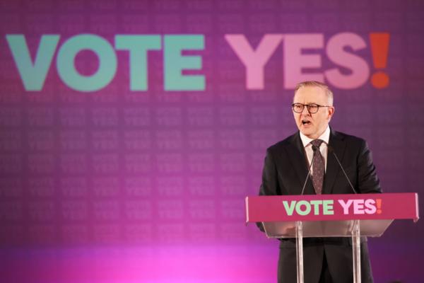 Australian Prime Minister Anthony Albanese speaks at the Yes campaign launch in Adelaide, Australia on Aug. 30, 2023. (James Elsby/Getty Images)