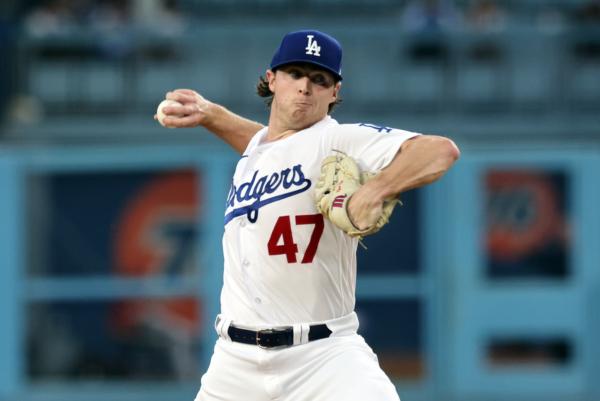 Starting pitcher Ryan Pepiot (47) of the Los Angeles Dodgers throws against the Arizona Diamondbacks during the first inning at Dodger Stadium in Los Angeles on August 30, 2023. (Kevork Djansezian/Getty Images)